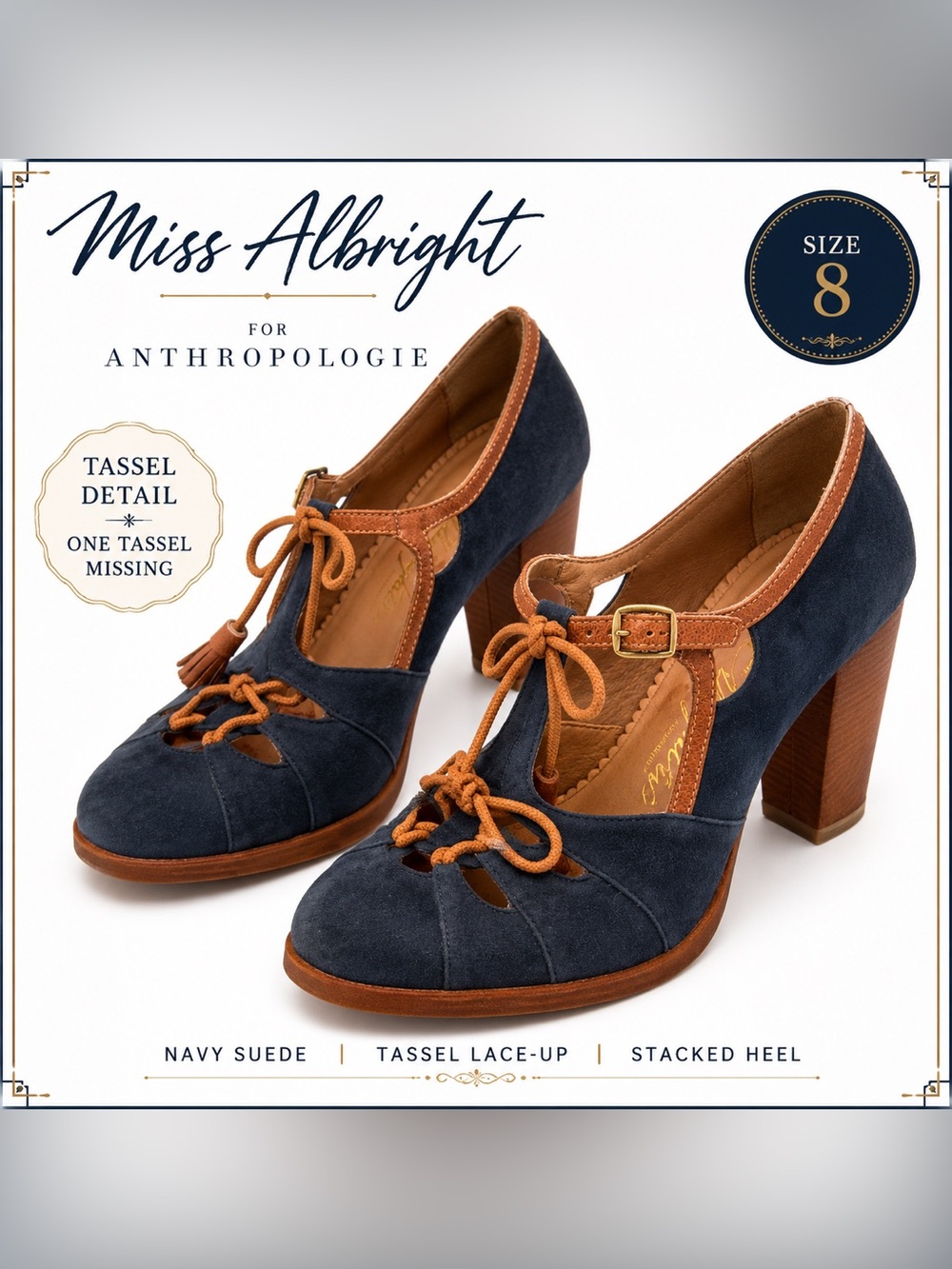 Miss Albright Navy Suede Tassel Mary Jane Heels Women’s 8 Anthropologie